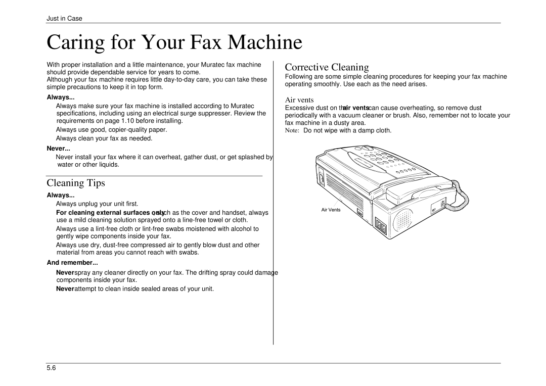 Muratec M860, M840, M880 manual Caring for Your Fax Machine, Cleaning Tips, Corrective Cleaning, Air vents 