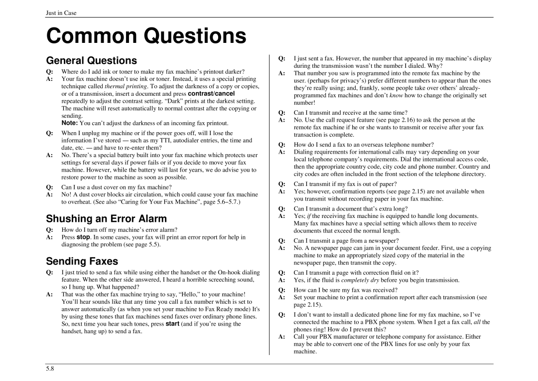 Muratec M880, M840, M860 manual Common Questions, General Questions, Shushing an Error Alarm, Sending Faxes 