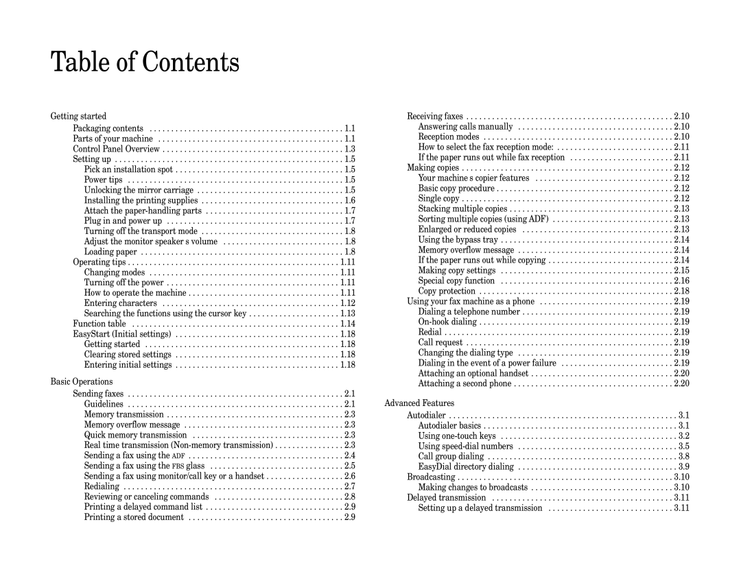 Muratec MFX-1200, MFX-1600 manual Table of Contents 