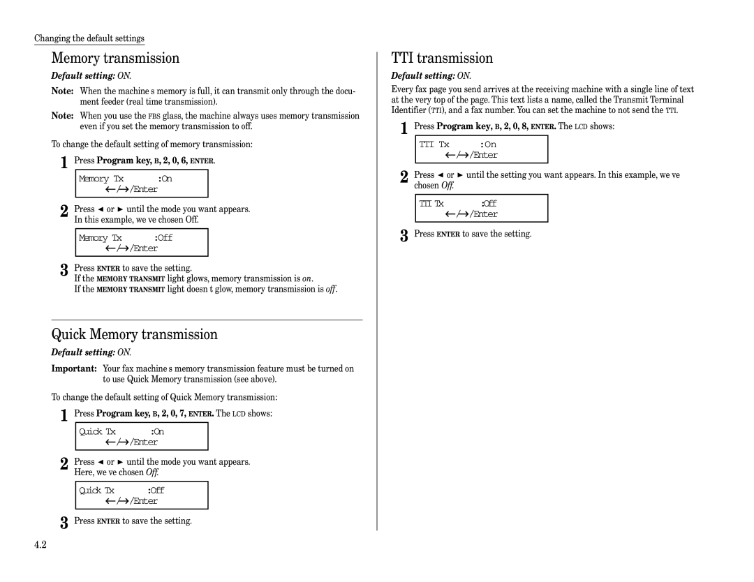 Muratec MFX-1200, MFX-1600 manual TTI transmission, Memory Tx ← /→ /Enter, Quick Tx, TTI Tx 