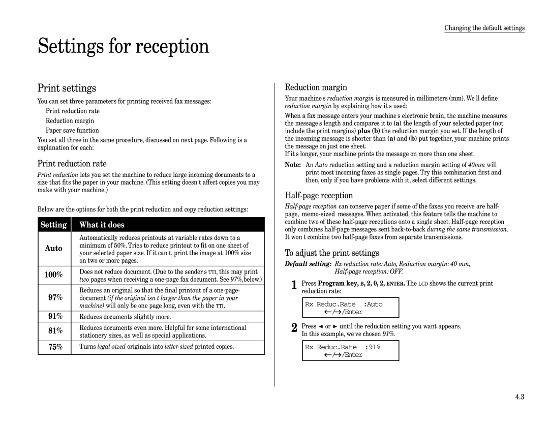 Muratec MFX-1600, MFX-1200 manual Settings for reception, Print settings 