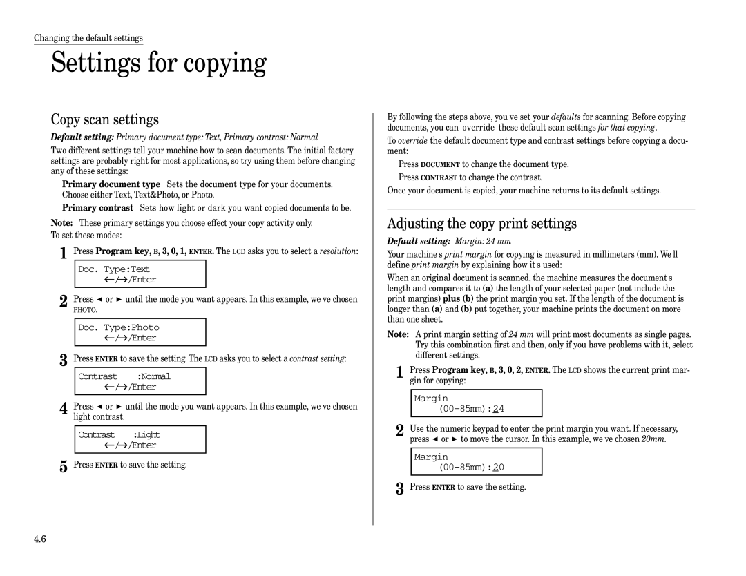 Muratec MFX-1200 Settings for copying, Copy scan settings, Adjusting the copy print settings, Doc. TypeText ← /→ /Enter 