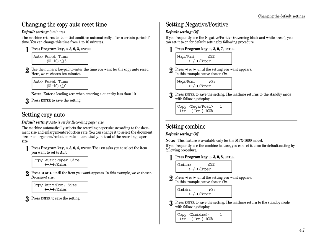 Muratec MFX-1600 manual Changing the copy auto reset time, Setting copy auto, Setting Negative/Positive, Setting combine 