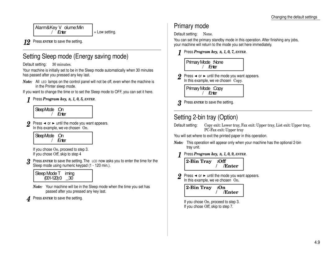 Muratec MFX-1600, MFX-1200 manual Setting Sleep mode Energy saving mode, Primary mode, Setting 2-bin tray Option 