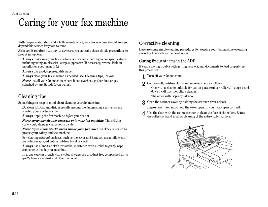 Muratec MFX-1200 manual Caring for your fax machine, Cleaning tips, Corrective cleaning, Curing frequent jams in the ADF 