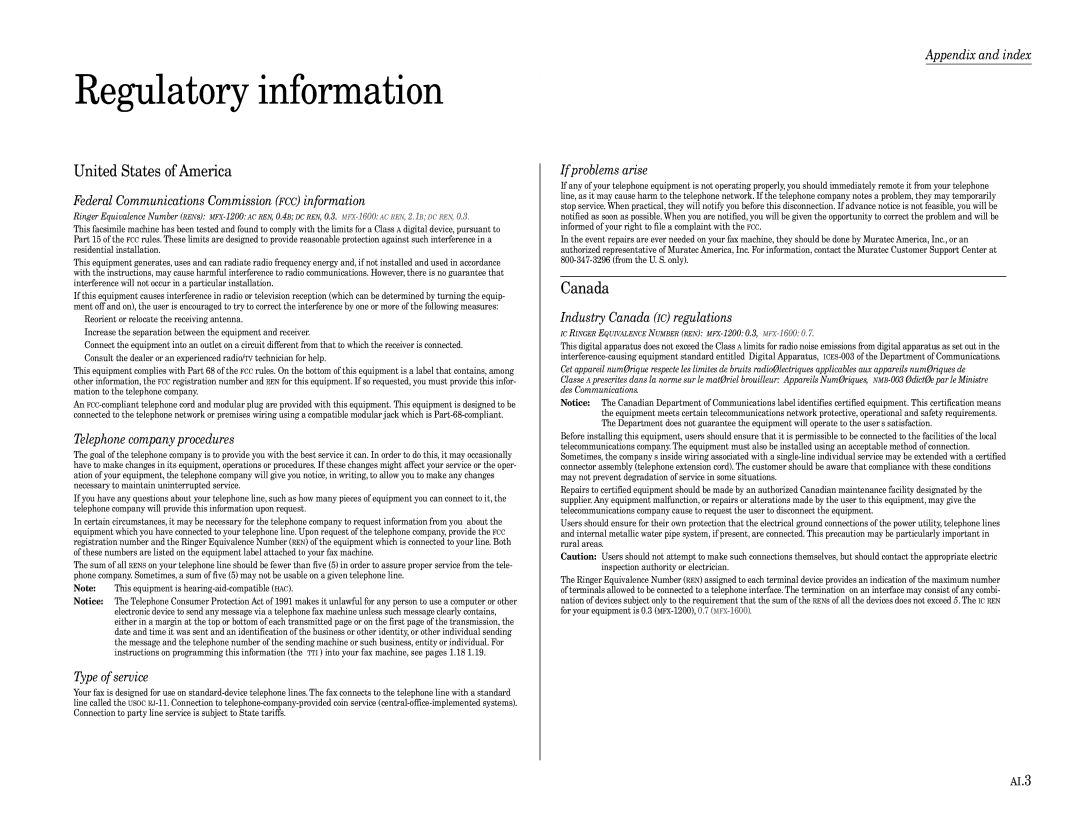 Muratec MFX-1600, MFX-1200 manual Regulatory information, United States of America 