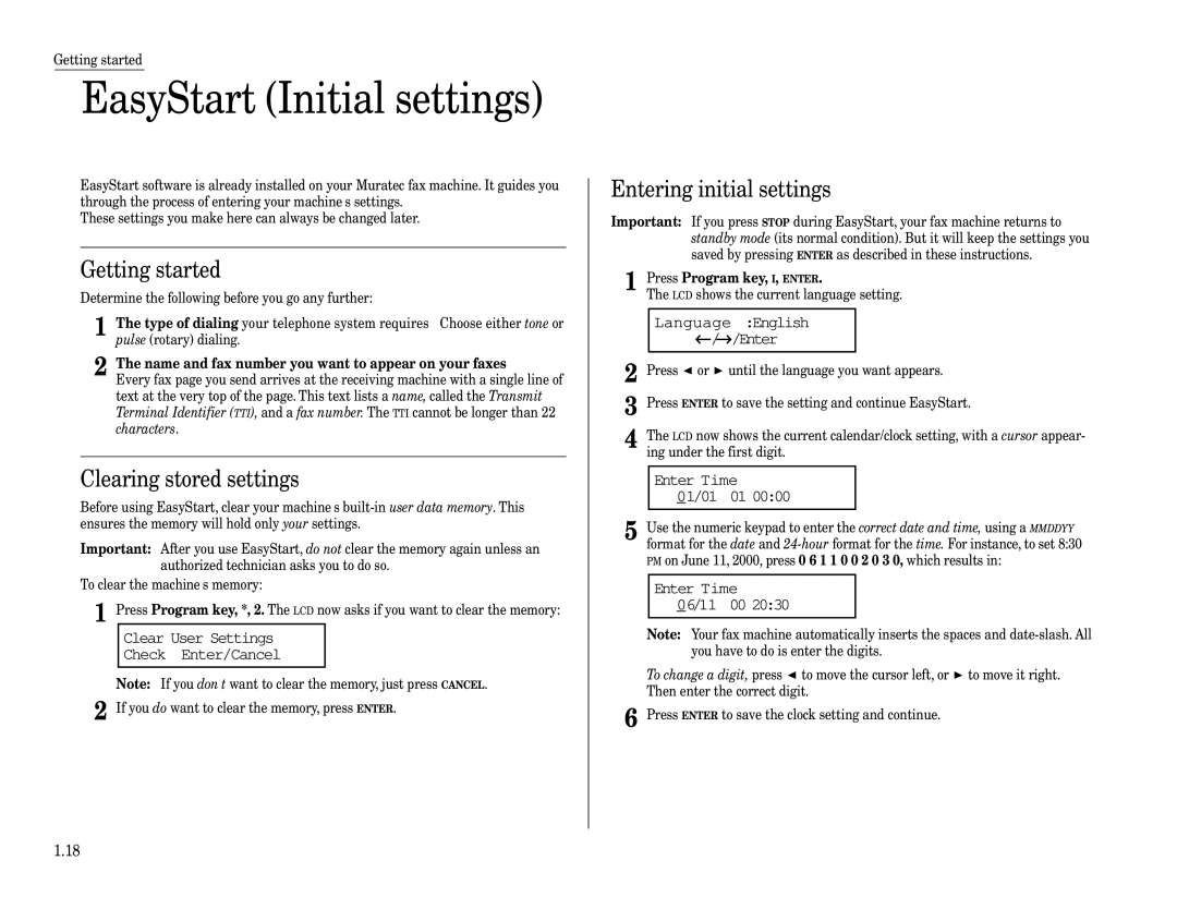 Muratec MFX-1200 manual EasyStart Initial settings, Getting started, Clearing stored settings, Entering initial settings 