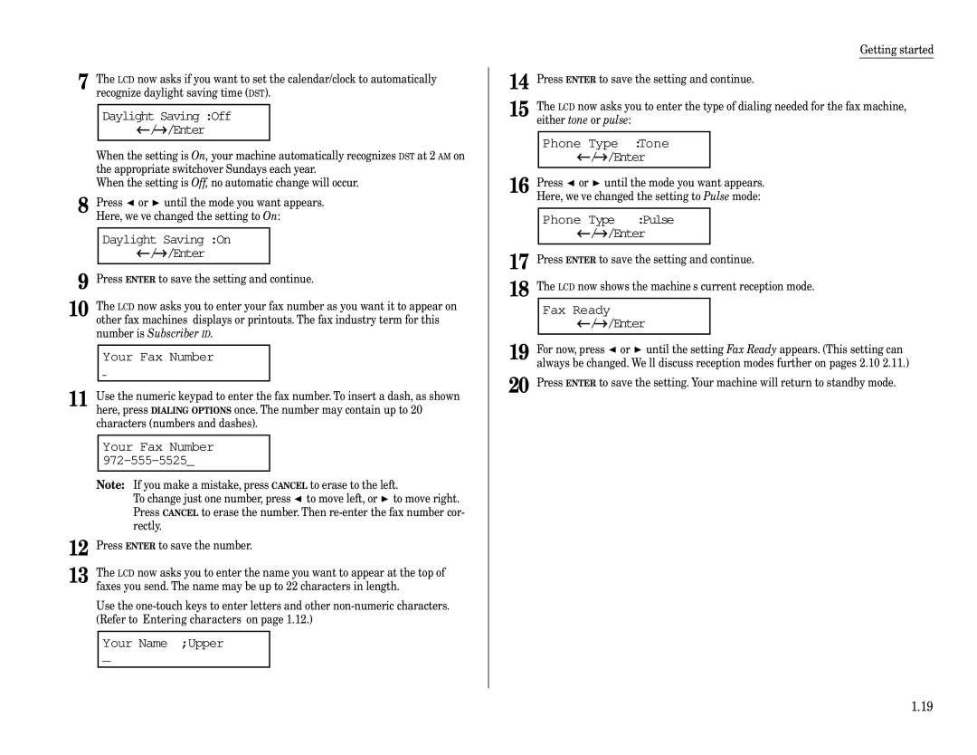 Muratec MFX-1600 manual Daylight Saving Off, Enter, Daylight Saving On, Your Fax Number, Your Name Upper, Phone Type Tone 