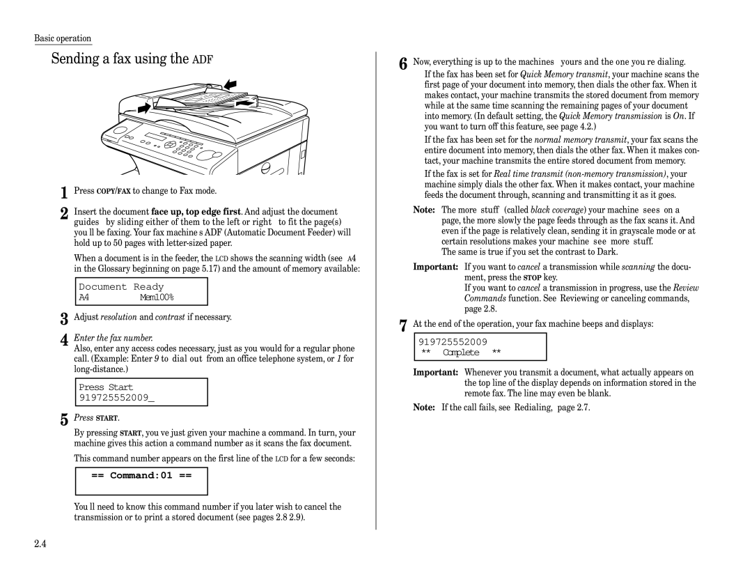 Muratec MFX-1200, MFX-1600 Sending a fax using the ADF, Document Ready A4 Mem100%, Press Start, 919725552009 ** Complete 