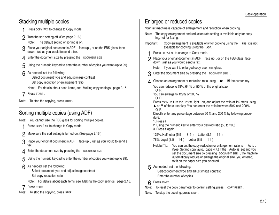 Muratec MFX-1600, MFX-1200 manual Stacking multiple copies, Sorting multiple copies using ADF, Enlarged or reduced copies 