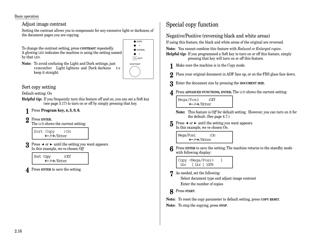 Muratec MFX-1200, MFX-1600 Special copy function, Adjust image contrast, Negative/Positive reversing black and white areas 