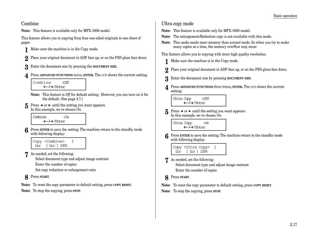 Muratec MFX-1600, MFX-1200 manual Combine, Ultra copy mode 
