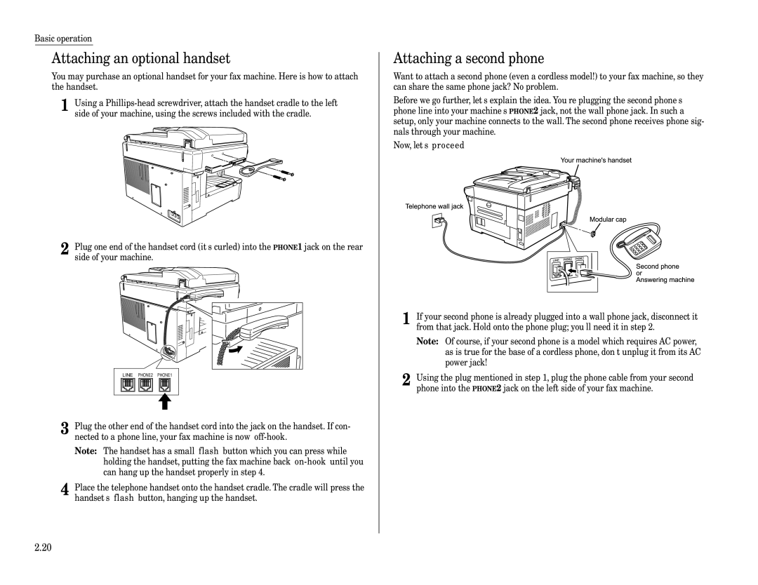 Muratec MFX-1200, MFX-1600 manual Attaching an optional handset, Attaching a second phone 