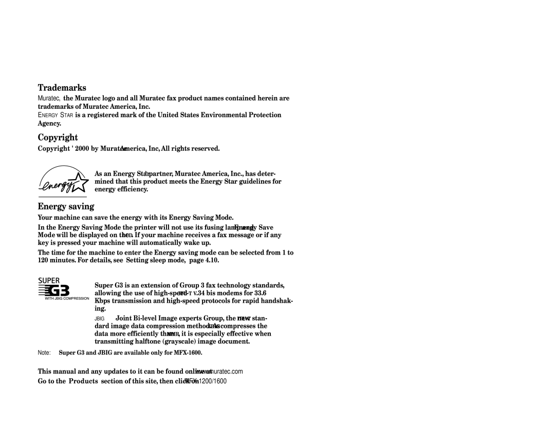Muratec MFX-1200, MFX-1600 manual Trademarks, Copyright, Energy saving 