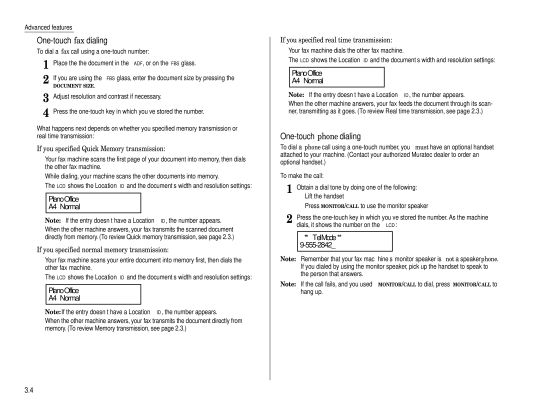 Muratec MFX-1200, MFX-1600 manual One-touch fax dialing, Plano Office A4 Normal, One-touch phone dialing, Tel Mode 