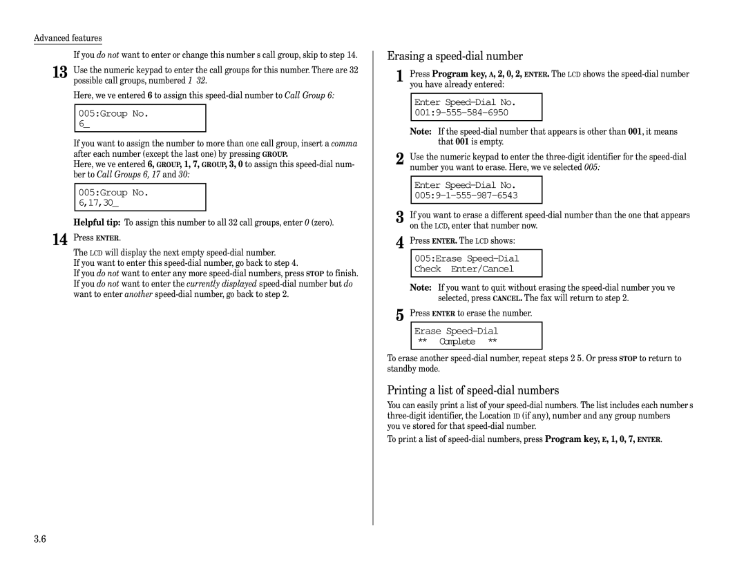 Muratec MFX-1200, MFX-1600 manual 005Group No 17,30, Erasing a speed-dial number, Printing a list of speed-dial numbers 