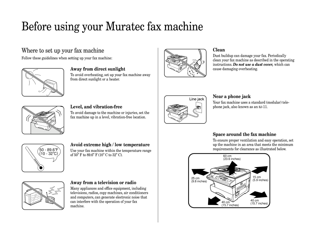 Muratec MFX-1600, MFX-1200 manual Before using your Muratec fax machine, Where to set up your fax machine 