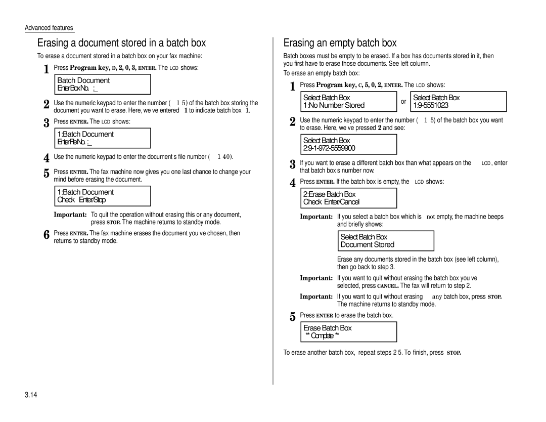 Muratec MFX-1200, MFX-1600 Erasing a document stored in a batch box, Erasing an empty batch box, 1Batch Document Check 