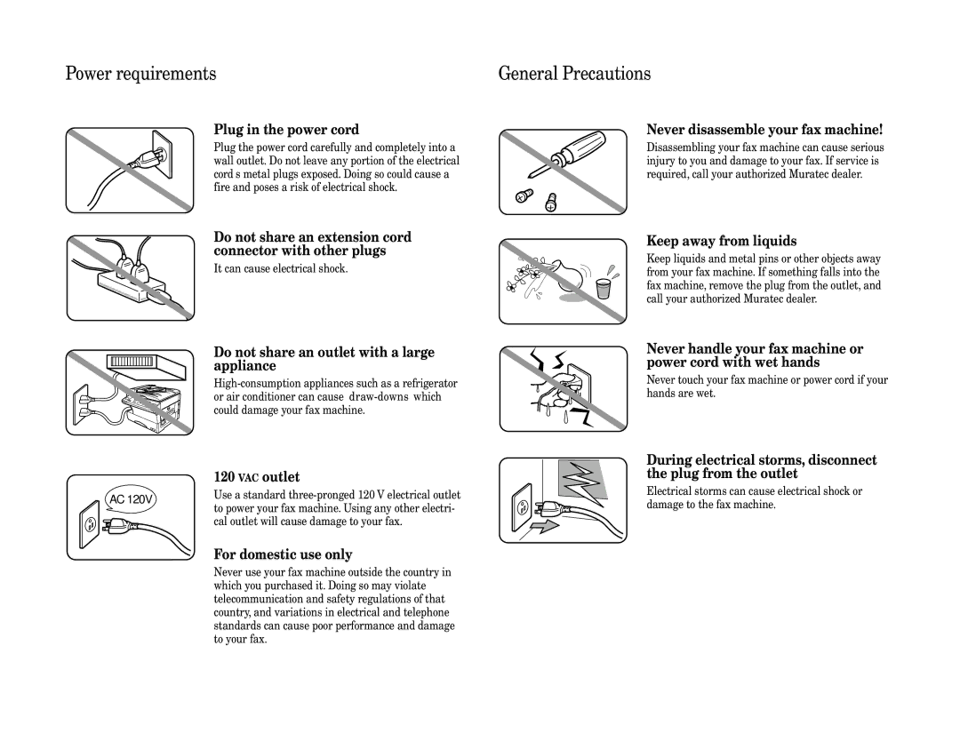 Muratec MFX-1200, MFX-1600 manual Power requirements General Precautions, Plug in the power cord 