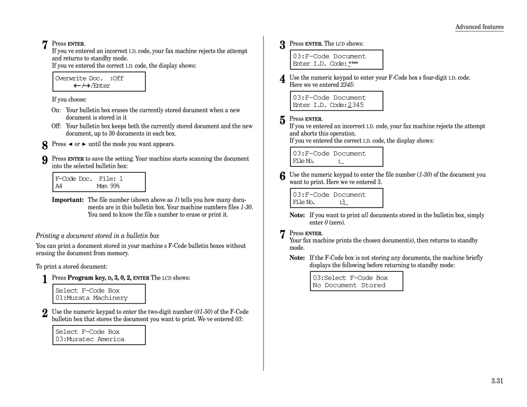 Muratec MFX-1600 Code Doc. File Mem 99%, 03F-Code Document FileNo, File No, Printing a document stored in a bulletin box 