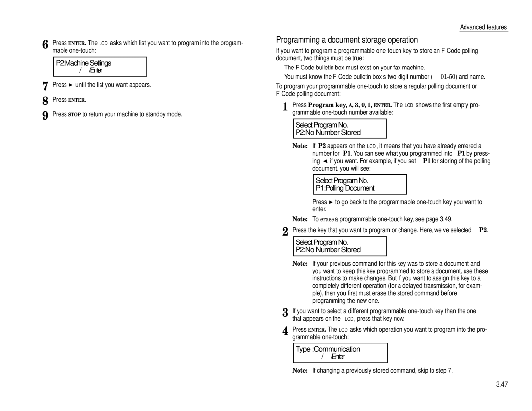 Muratec MFX-1600, MFX-1200 manual P2Machine Settings → /Enter, Programming a document storage operation 