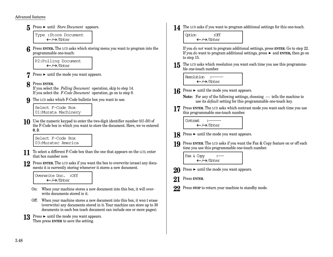 Muratec MFX-1200, MFX-1600 manual P2Polling Document ← /→ /Enter, Type Store Document ← /→ /Enter 