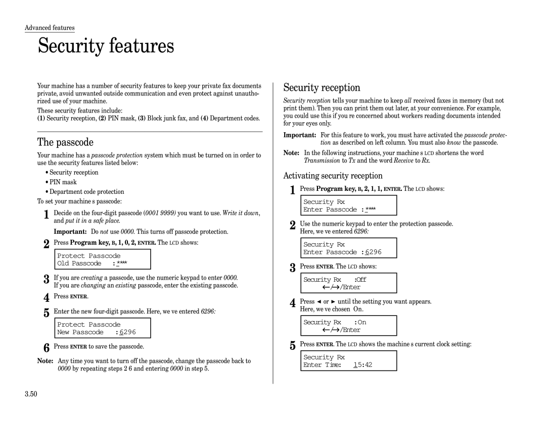 Muratec MFX-1200, MFX-1600 manual Security features, Passcode, Security reception, Activating security reception 