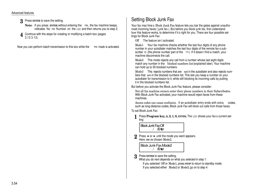 Muratec MFX-1200, MFX-1600 manual Setting Block Junk Fax, Block Junk FaxOff ← /→ /Enter, Block Junk FaxMode2 ← /→ /Enter 