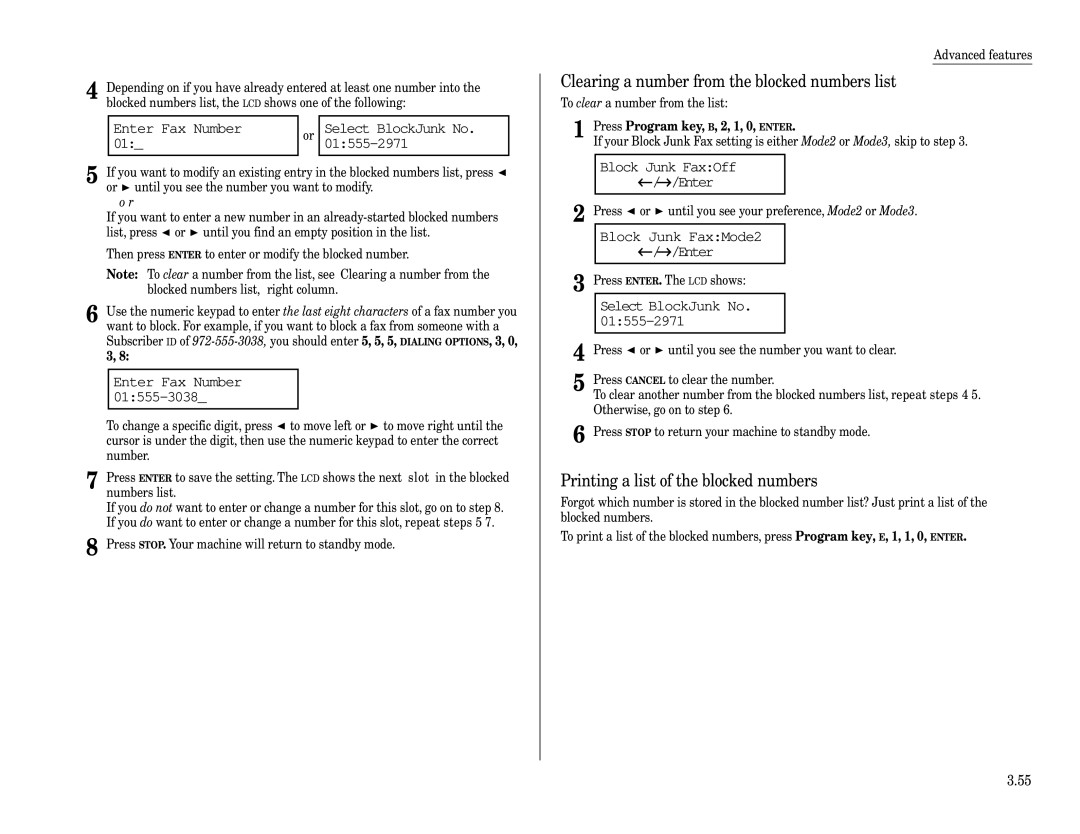 Muratec MFX-1600 manual Enter Fax Number Select BlockJunk No 01555-2971, Clearing a number from the blocked numbers list 