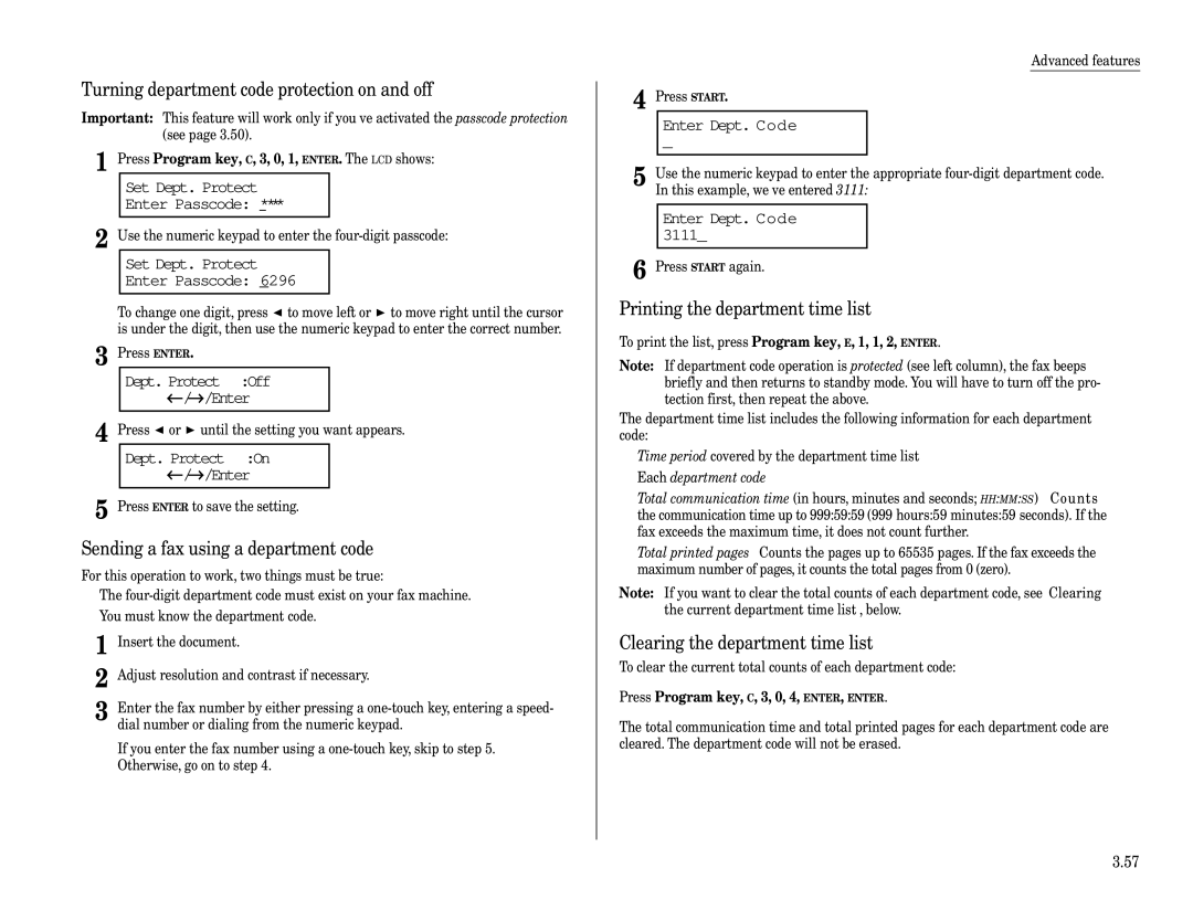 Muratec MFX-1600, MFX-1200 manual Turning department code protection on and off, Sending a fax using a department code 