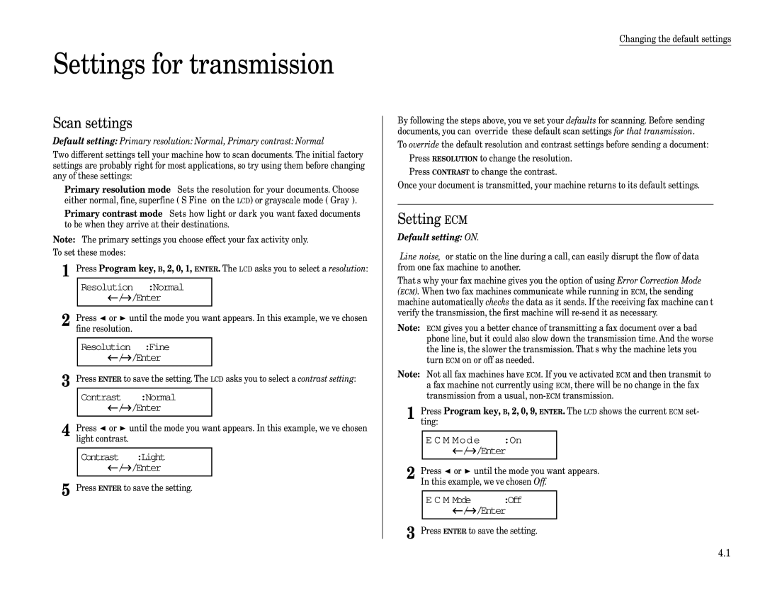 Muratec MFX-1600, MFX-1200 manual Settings for transmission, Scan settings, Setting ECM 