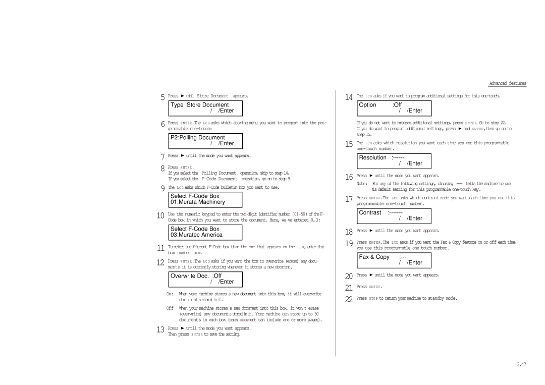 Muratec MFX-1300/1700 manual Type Store Document Enter, P2Polling Document Enter, Select F-Code Box 01Murata Machinery 