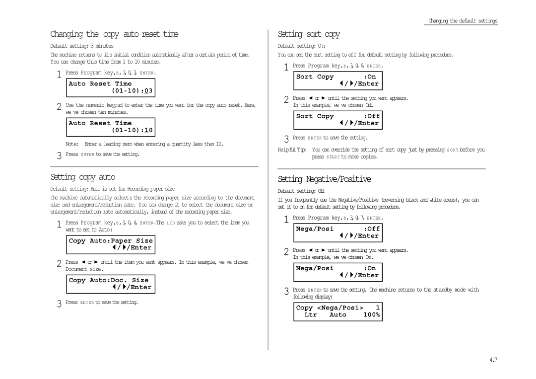 Muratec MFX-1300/1700 Changing the copy auto reset time, Setting copy auto, Setting sort copy, Setting Negative/Positive 