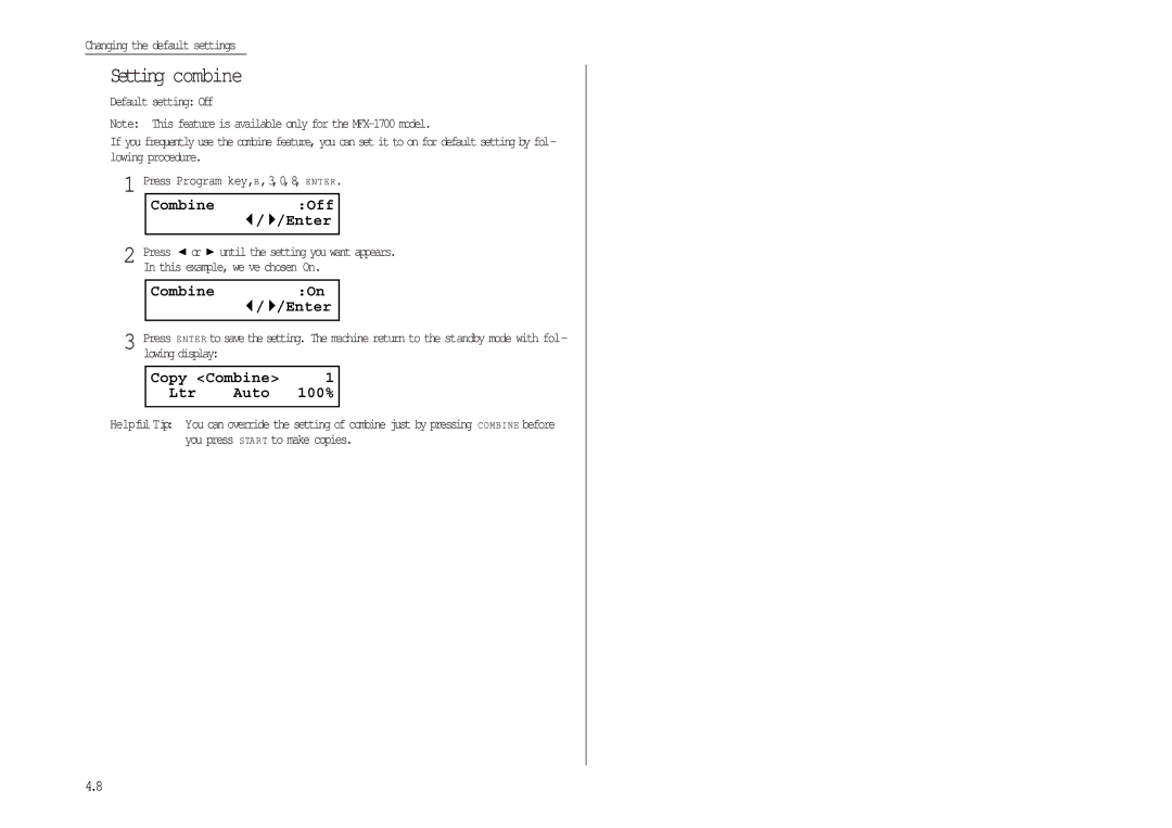 Muratec MFX-1300/1700 manual Setting combine, Combine Off, Copy Combine Ltr Auto 100% 