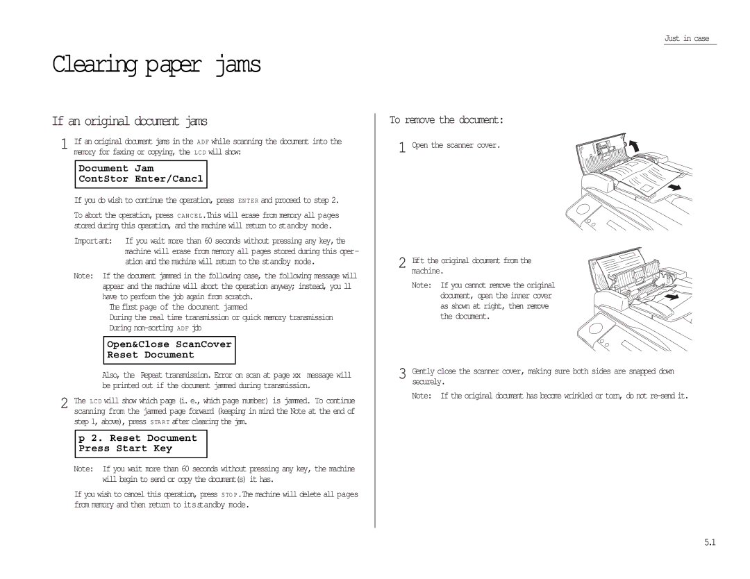 Muratec MFX-1300/1700 manual Clearing paper jams, If an original document jams, Document Jam ContStor Enter/Cancl 