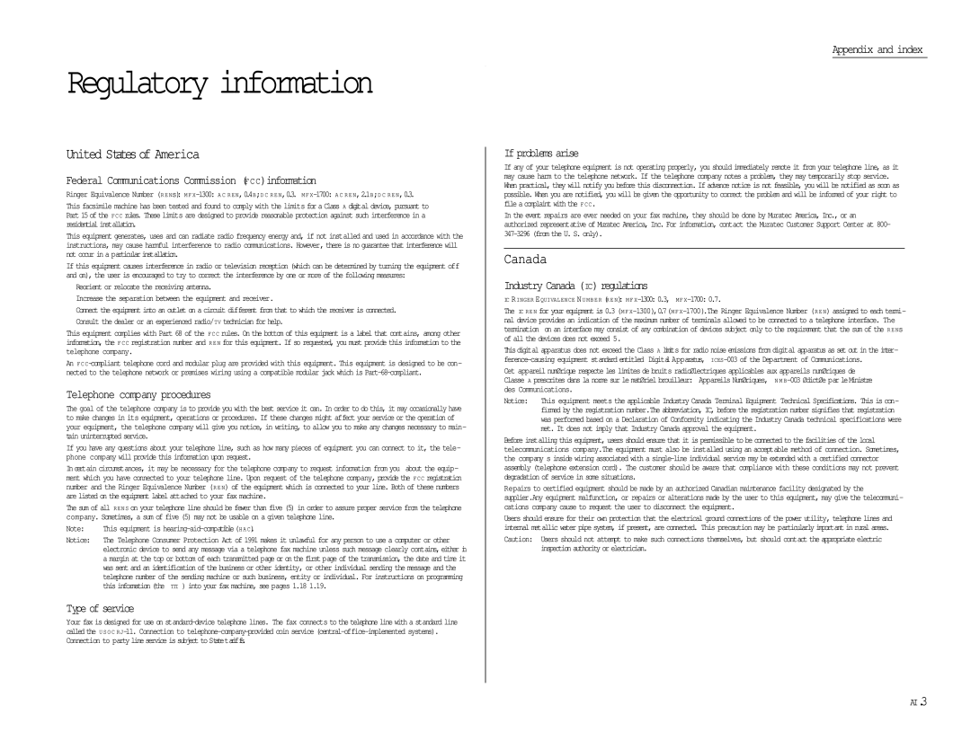 Muratec MFX-1300/1700 manual Regulatory information 