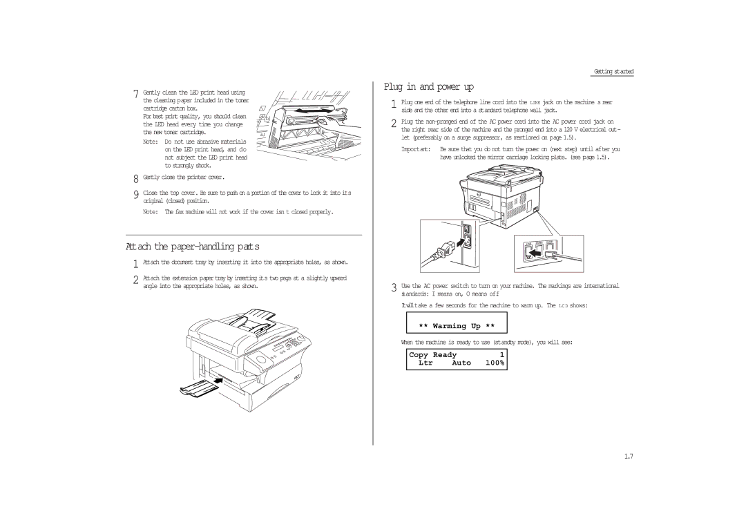 Muratec MFX-1300/1700 manual Attach the paper-handling parts, Plug in and power up, Warming Up, Copy Ready Ltr Auto 100% 