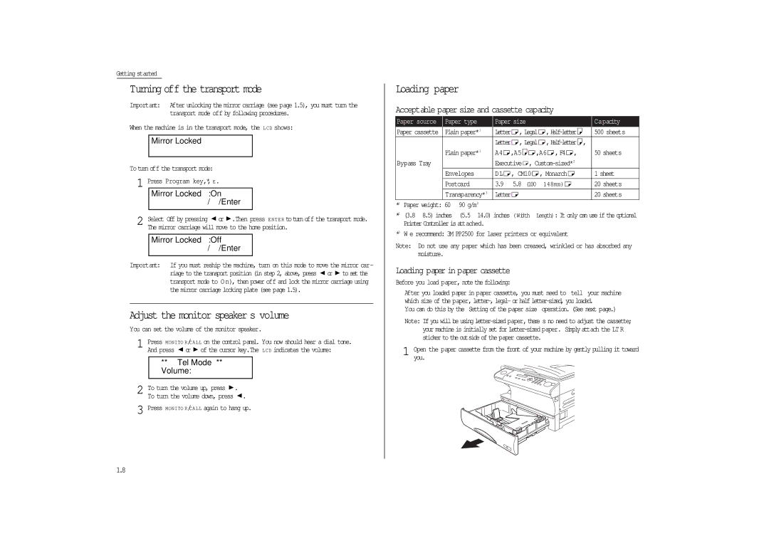 Muratec MFX-1300/1700 manual Turning off the transport mode, Adjust the monitor speaker s volume, Loading paper 