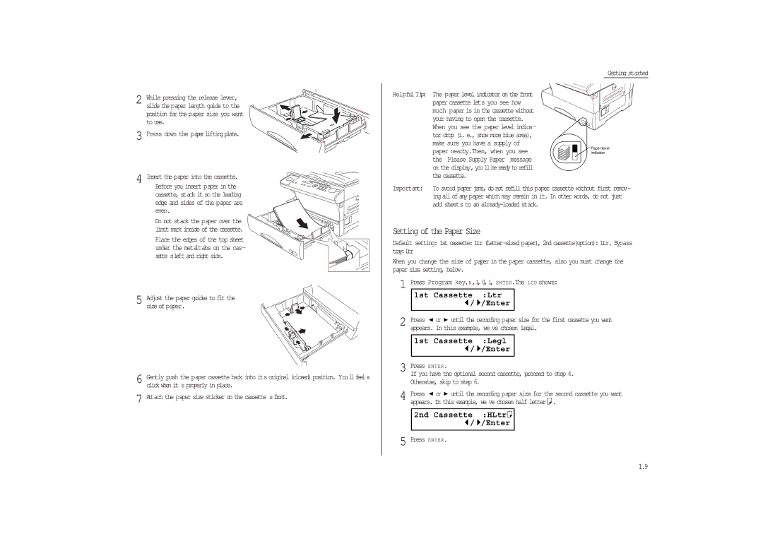 Muratec MFX-1300/1700 manual Setting of the Paper Size, Click when it s properly in place, Press Enter 