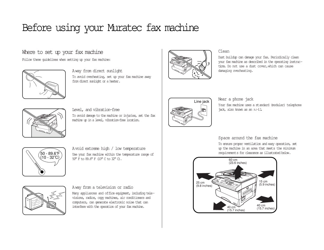 Muratec MFX-1300/1700 Before using your Muratec fax machine, Where to set up your fax machine, To 89.6 F 10 C to 32 C 