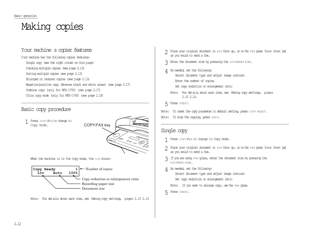 Muratec MFX-1300/1700 manual Making copies, Your machine s copier features, Basic copy procedure, Single copy 