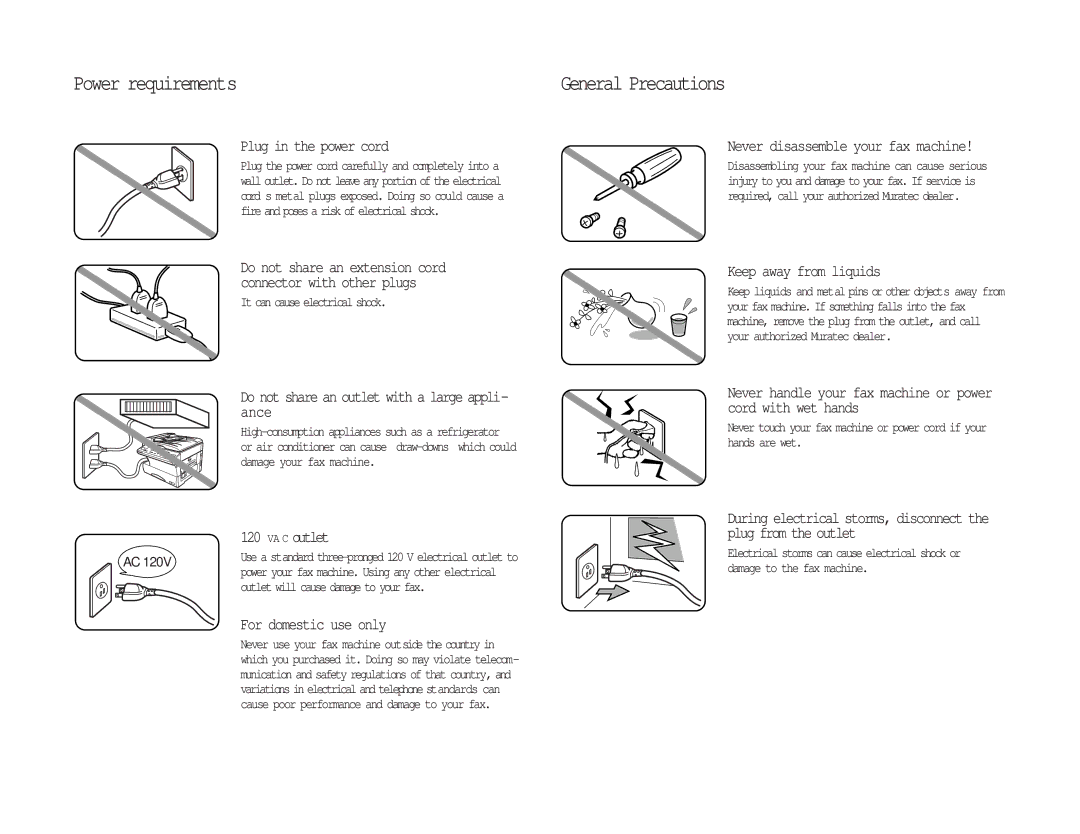 Muratec MFX-1300/1700 manual Power requirements, General Precautions, It can cause electrical shock 