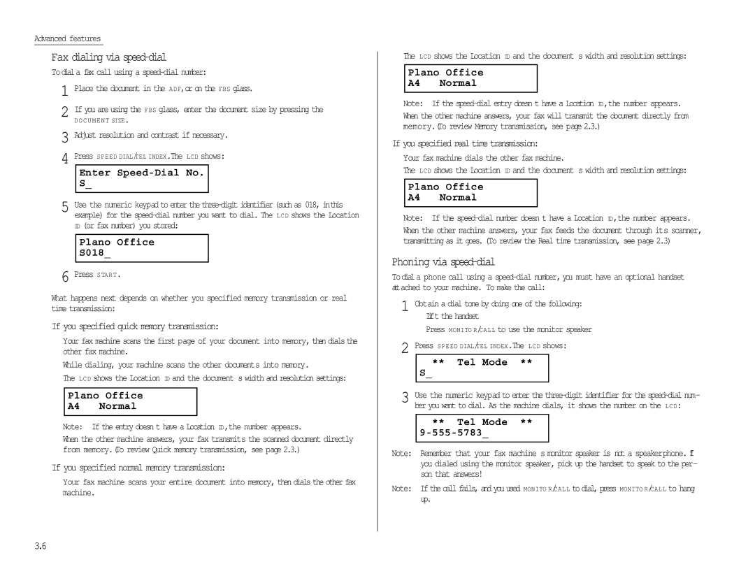 Muratec MFX-1300/1700 manual Fax dialing via speed-dial, Plano Office S018, Phoning via speed-dial 