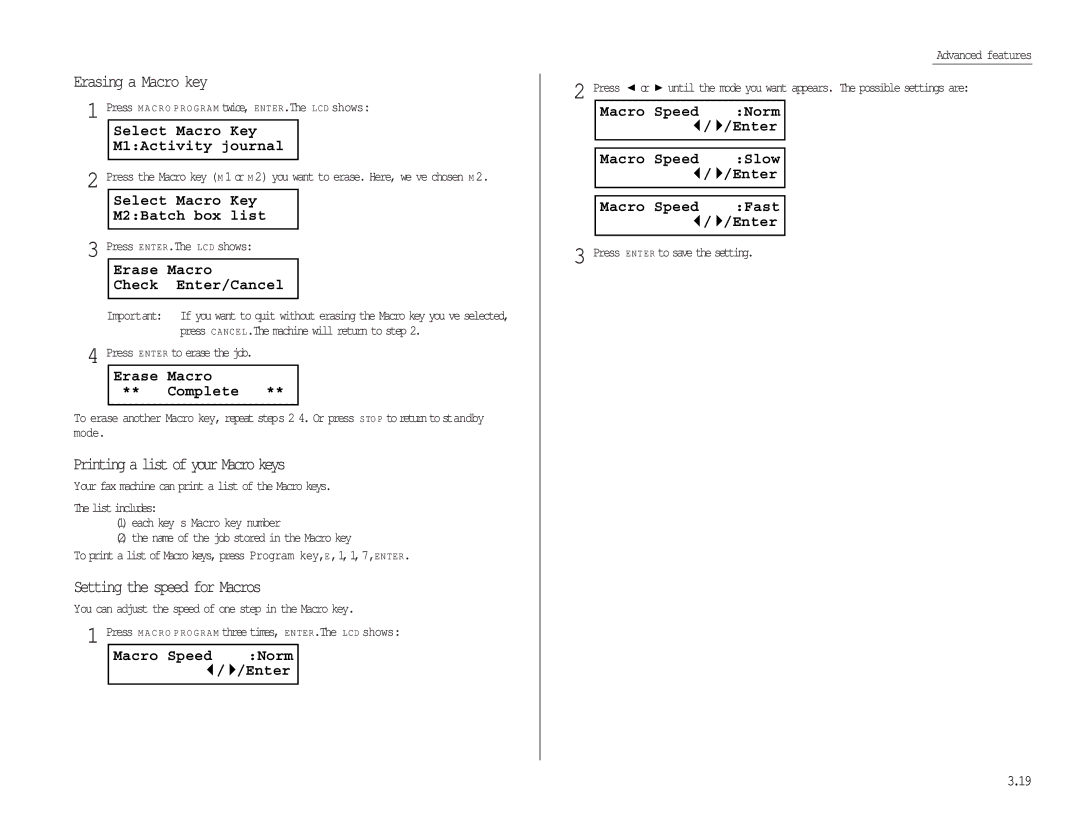 Muratec MFX-1300/1700 manual Select Macro Key M1Activity journal, Erase Macro Check Enter/Cancel, Erase Macro Complete 