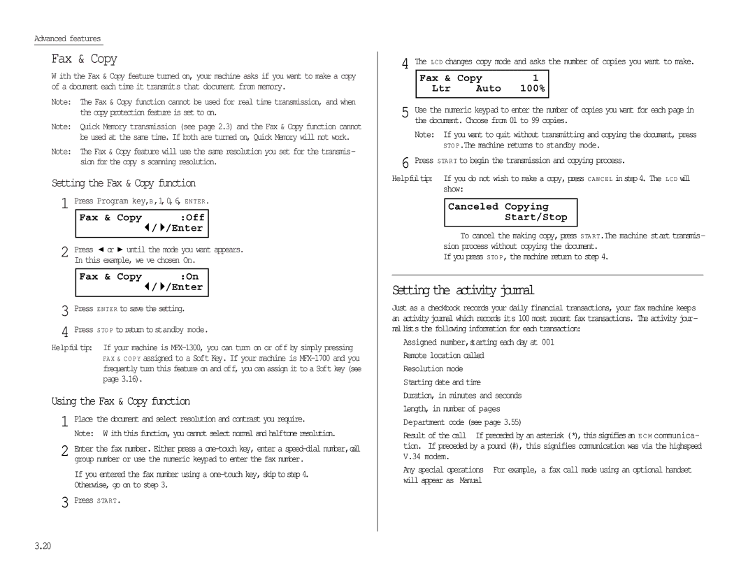 Muratec MFX-1300/1700 manual Fax & Copy, Setting the activity journal 