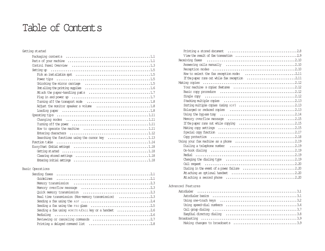 Muratec MFX-1300/1700 manual Table of Contents 