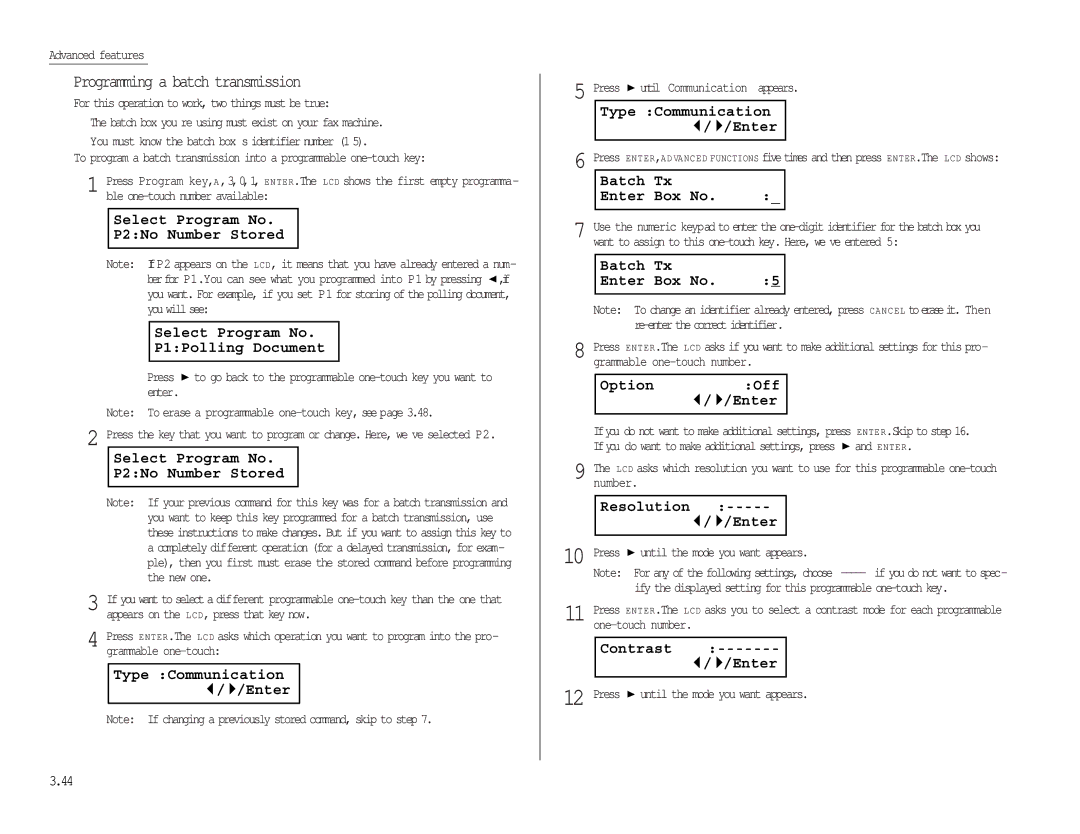 Muratec MFX-1300/1700 manual Programming a batch transmission, Resolution Enter, Contrast Enter 