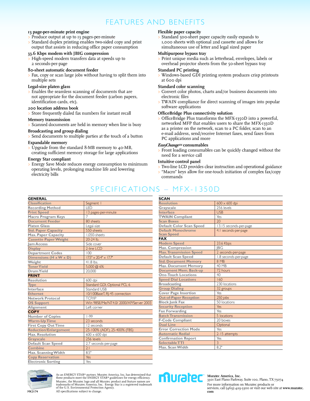 Muratec MFX-1350D manual Page-per-minute print engine, Kbps modem with Jbig compression, Sheet automatic document feeder 