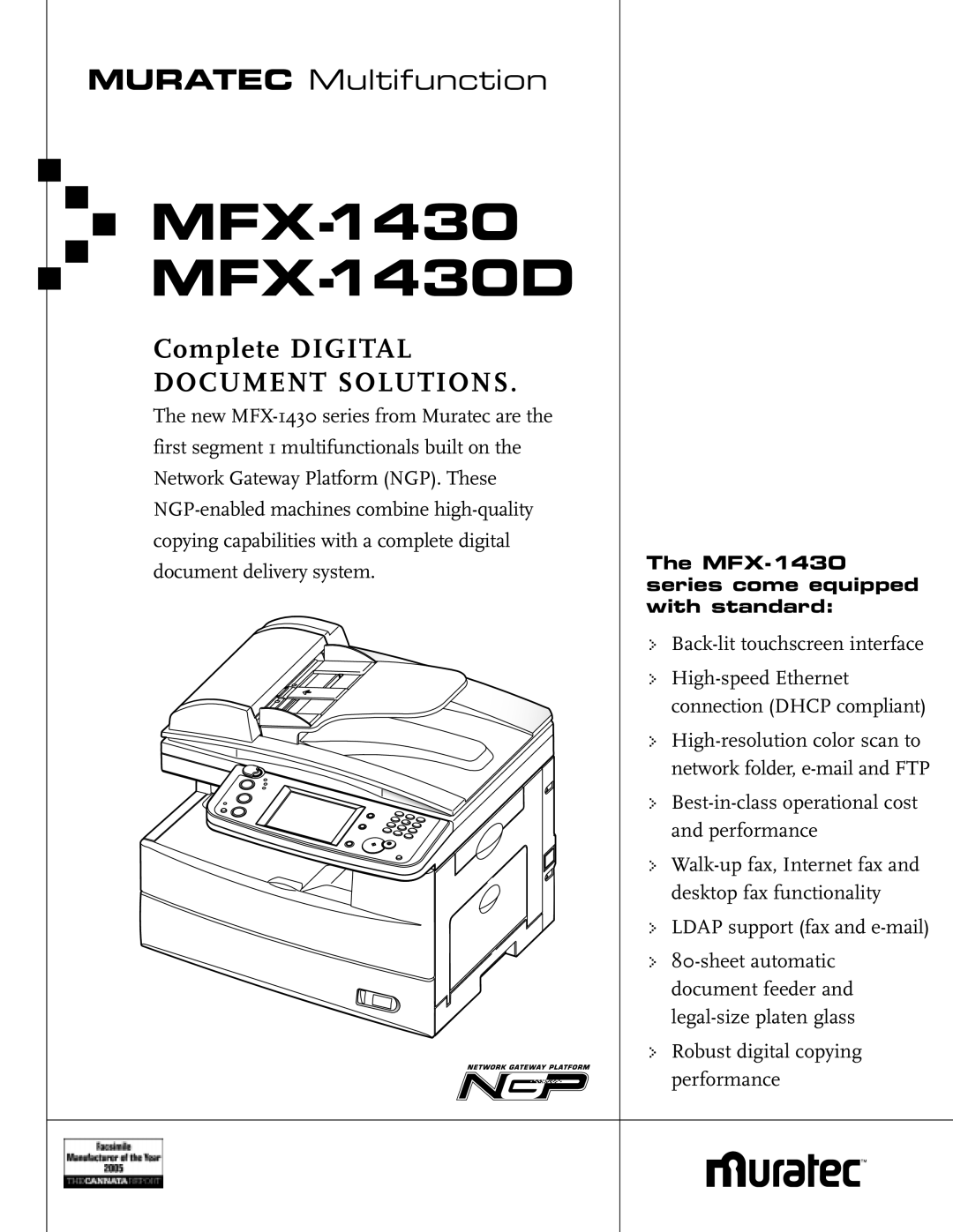Muratec MFX-1430D manual MURATEC Multifunction, MFXMFX--14301430D, Complete DIGITAL DOCUMENT SOLUTIONS 