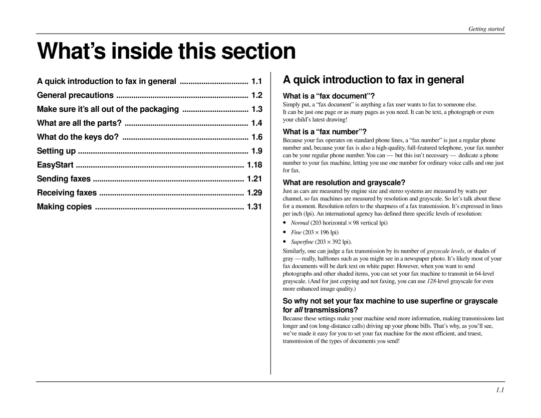 Muratec MFX-1500 manual What’s inside this section, Quick introduction to fax in general 